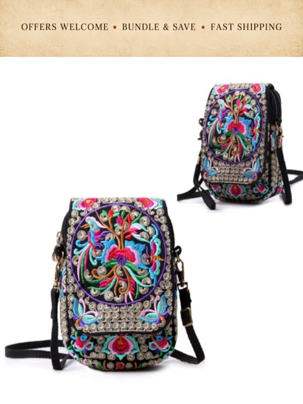 Embroidered Canvas Crossbody Bag Mini Shoulder Cellphone Wallet Purse
